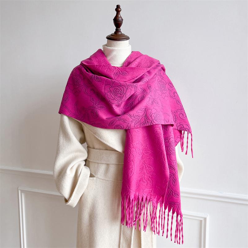 Embossed Cashmere Winter Scarf for Women Plain Warm Chunky Shawl Elegant Lady Poncho Pashmina Hijab Bufanda Boho Cape for Winter