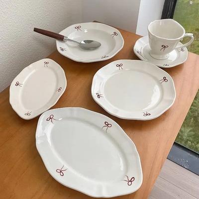 Vintage Red Bow Plate Vegetable Plate Home Afternoon Tea Dessert Cake Deep Plate Underglaze Colored Ceramic Tableware Dishes