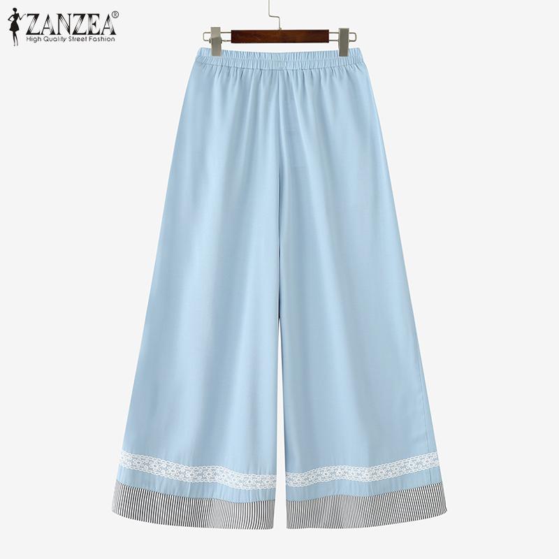 ZANZEA Women Casual Elastic Waist Loose Stripe Splice Cropped Pants