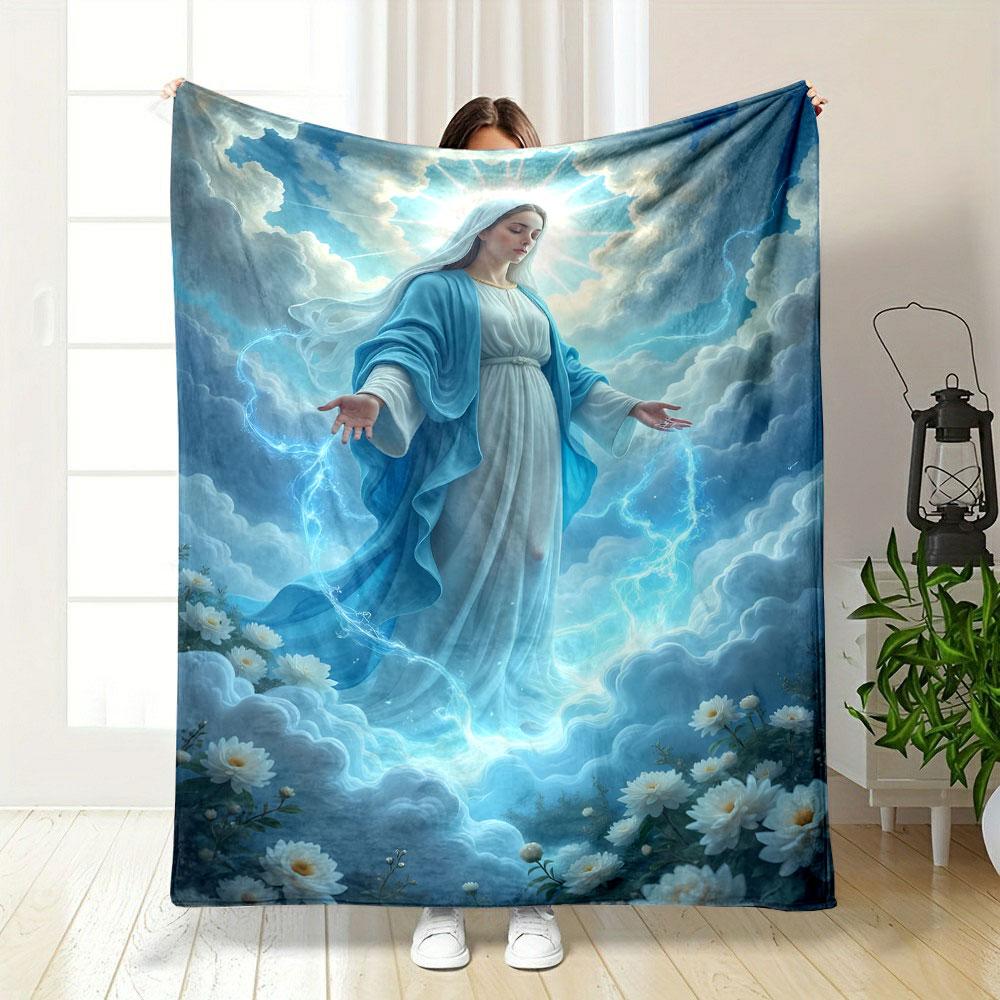 Virgin Mary Clouds White Flowers Blanket Printed Blanket for Living Room Bed Couch lunch break Soft Cozy Blanket for Friend's festival Gift