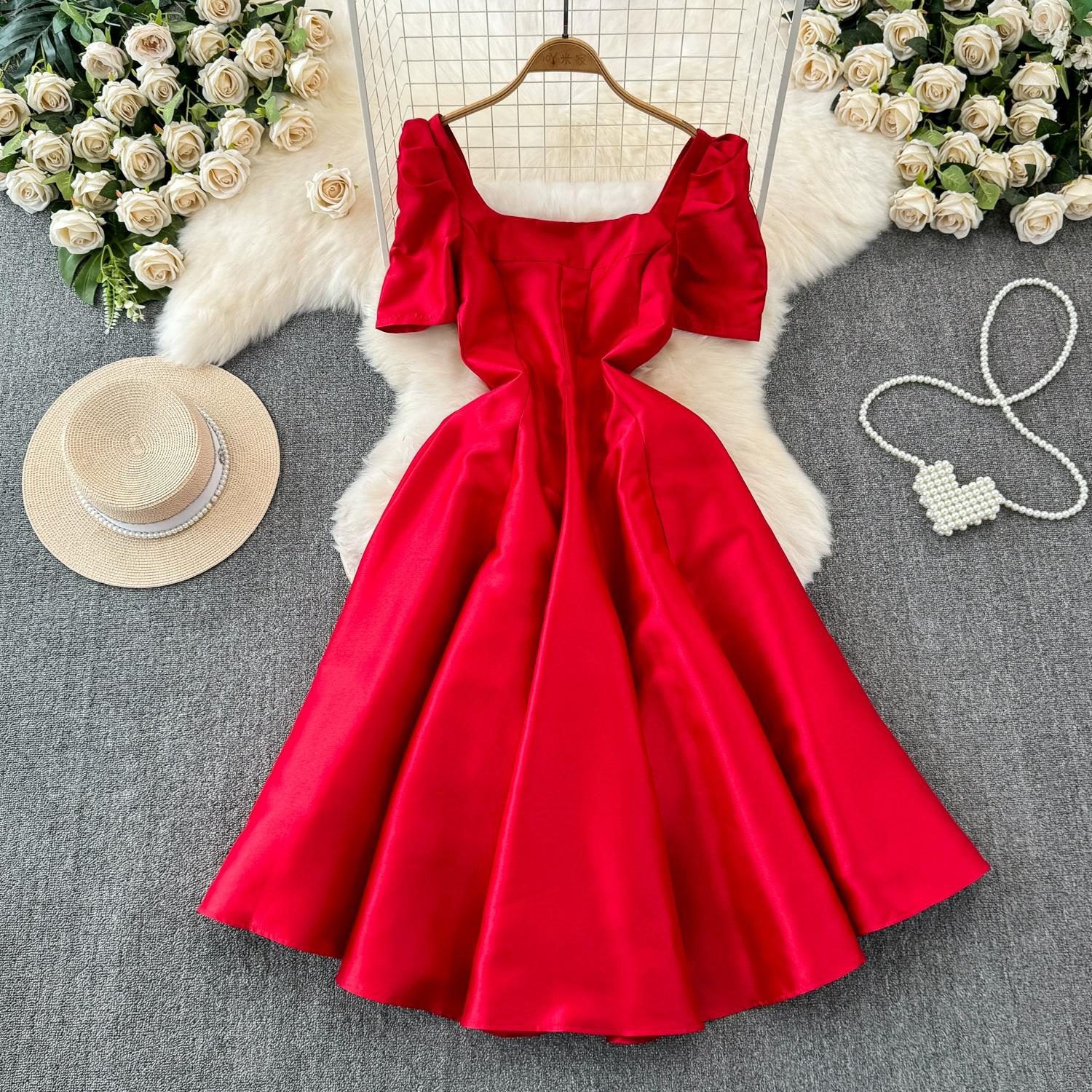 

Летнее женское винтажное однотонное бальное платье с пышными рукавами и квадратным воротником, вечерние платья принцессы S красный