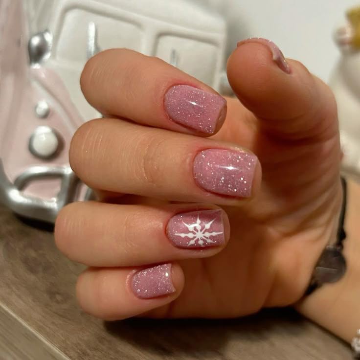 Christmas Snowmen Press On Nails Short Square French Tip Fake Nails with Winter Snowflake Design Blue Winter Xmas Snowmen Glue On False Nail