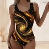 Women Plus Size Red Black Printed Scoop Neck Wide Straps High Cut One Piece Swimsuit