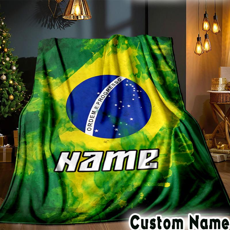 Custom Name Brazilian Flag Throws Blanket Flannel Blankets for Couch Bed Gifts for Men Women Picnic blanket Christmas fan gifts