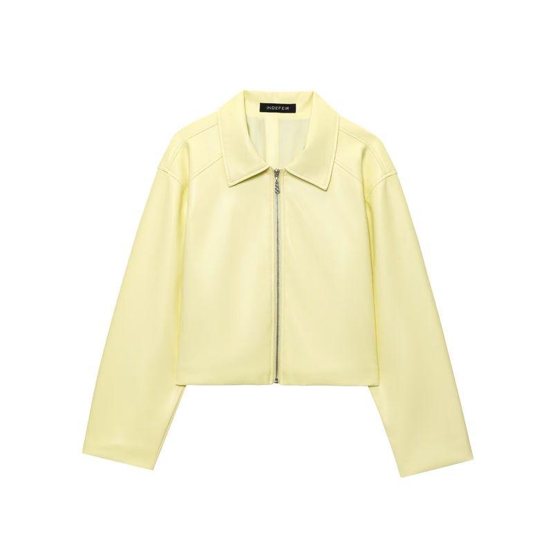 

Kaslead Новая женская одежда Западный стиль Ретро Кремово-желтый Лацкан На молнии Длинный рукав Пальто из ПУ кожи Короткое пальто Yellow L