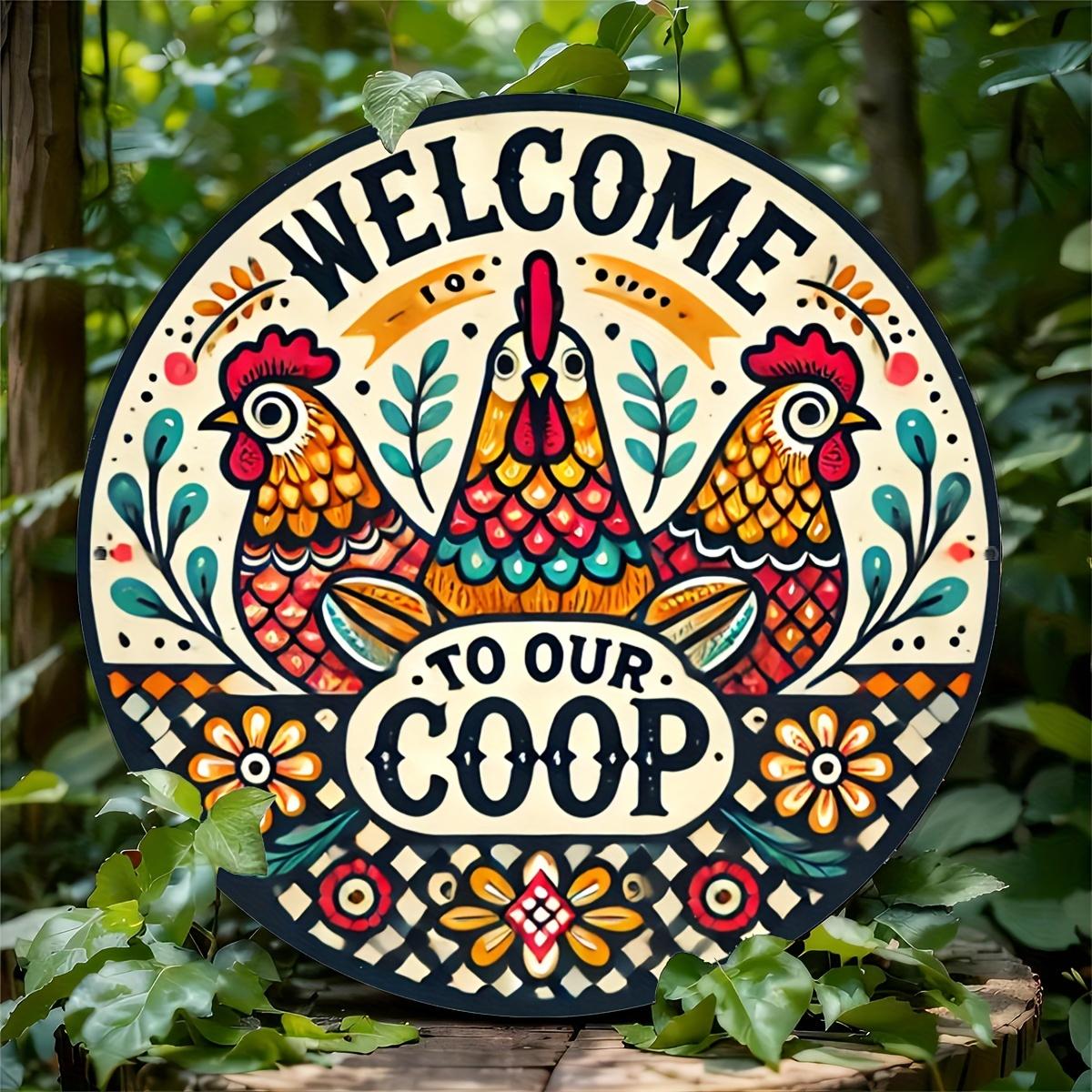 

2d Flat 20*20cm, Welcome To Our coop Round Wooden Wall Decoration with Colorful Rooster and Floral Patterns, Suitable for farmhouse, Outdoor Use. 20*20cm