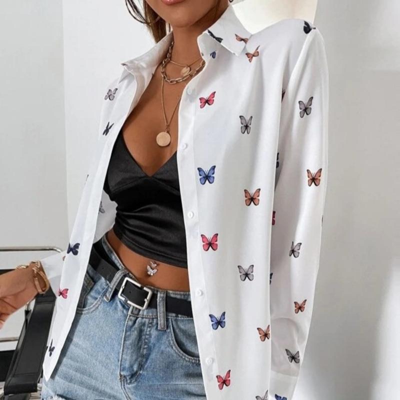 Fashion Butterfly Printed Long Sleeve S-5XL Loose Shirts Women Vintage Single Breasted Plus Size Blouse Women Elegant Lapel Office Blouse Tops 26247