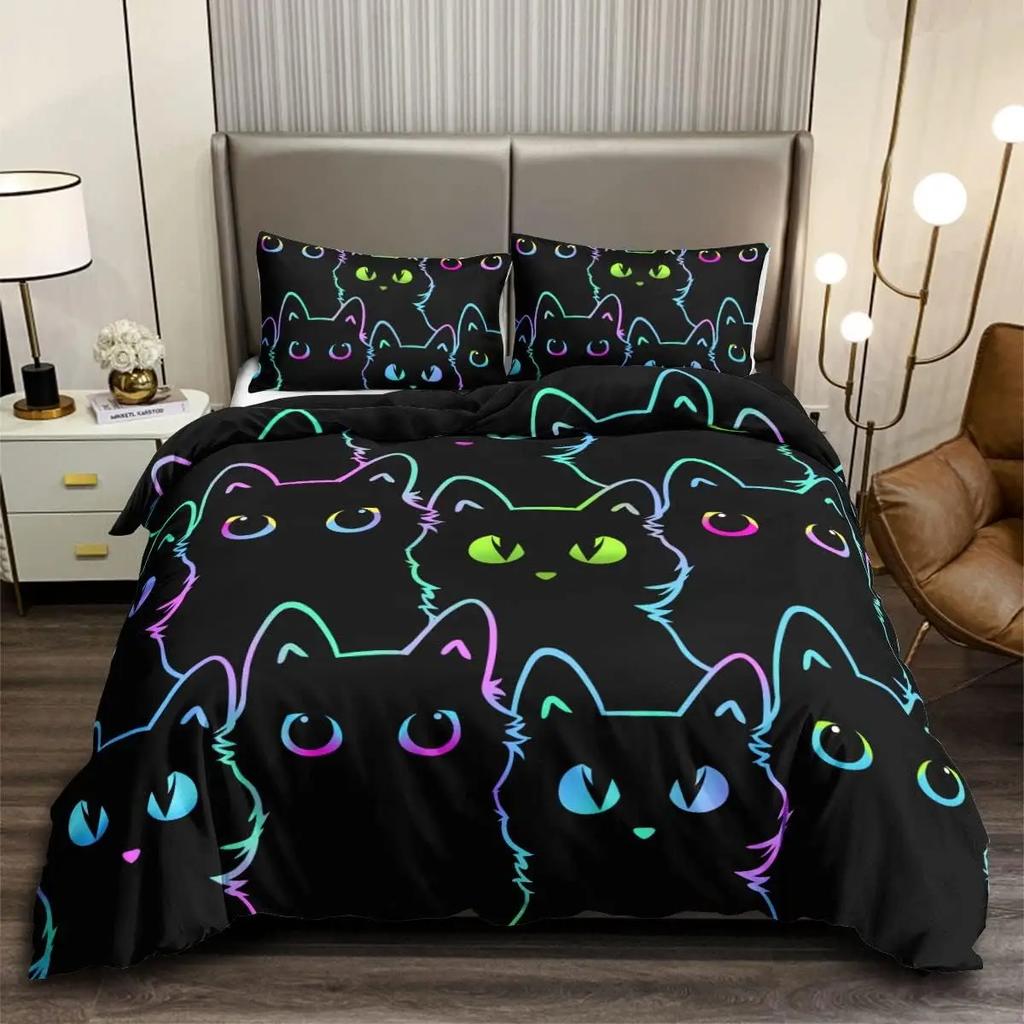 3D Dogs and Black Cats Bedding Set with Pillow Case,Animal Printed Single Duvet Cover Set,Reversible 2 Side Kids Duvet Cover Set