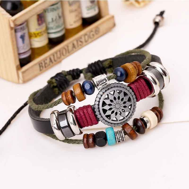 Vintage Handmade Pu Leather Bracelet With Creative Beads For Unisex Style And Elegance
