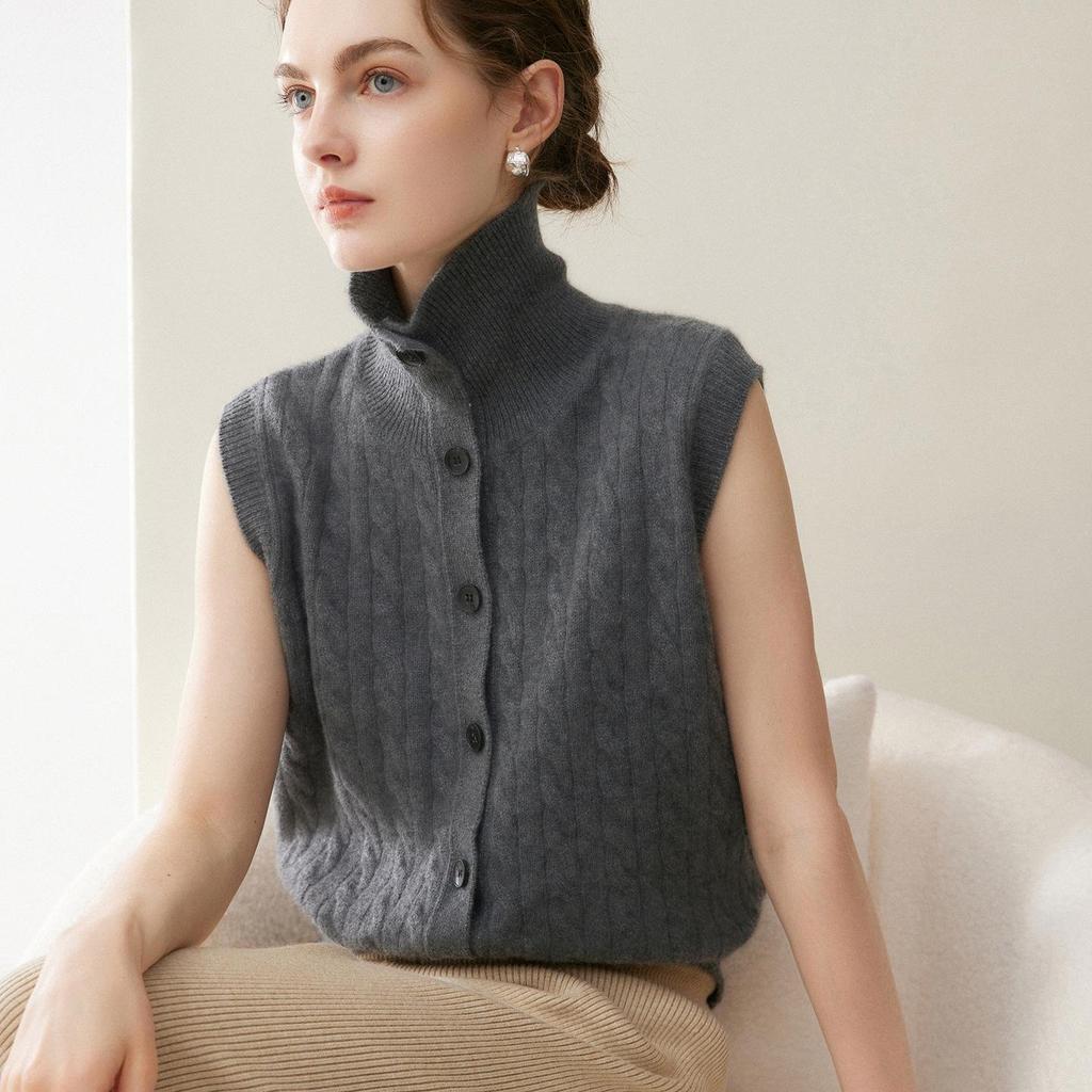 Korean Style High Neck Cable Knit Cashmere Cardigan Vest - Women's Loose Fit Slimming Top