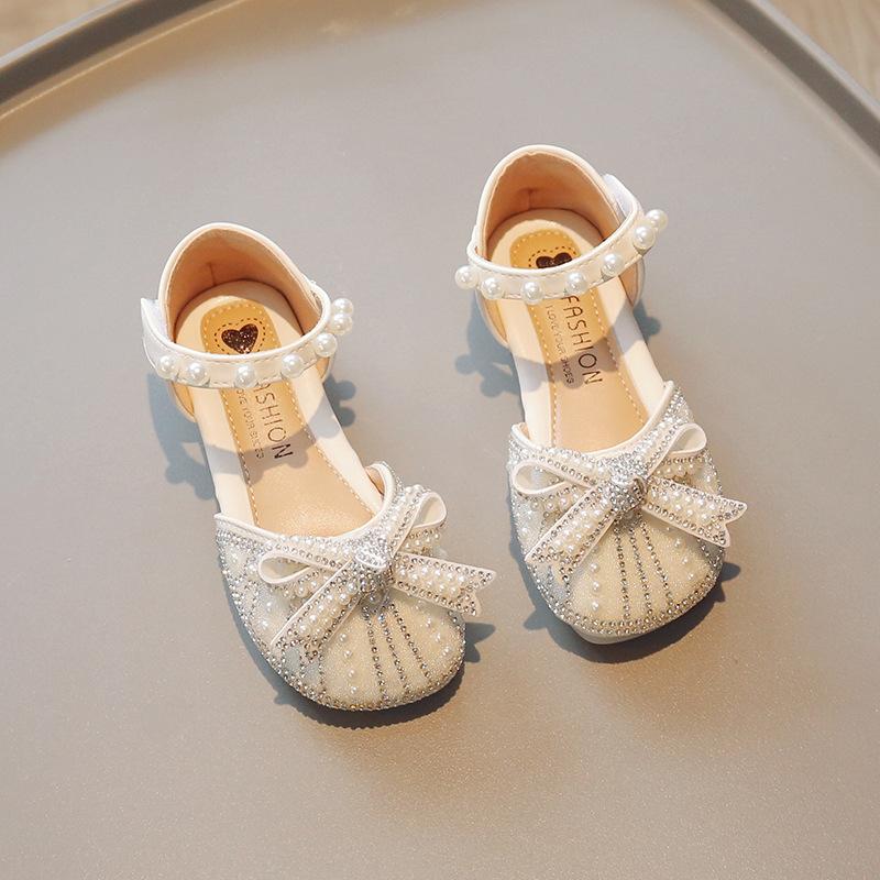 Girls Bow Rhinestone Pearl Flat Sandals 23