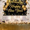 Black Gold Happy New Year 2026 Banner, Large New Years Eve Banner, NYE Birthday Party Decorations Background for Friend, Family, Indoor, Outdoor,