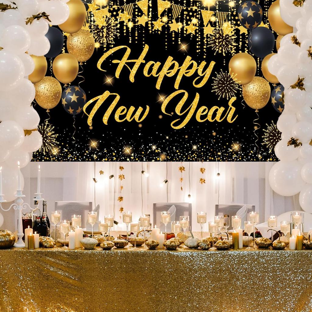 Black Gold Happy New Year 2026 Banner, Large New Years Eve Banner, NYE Birthday Party Decorations Background for Friend, Family, Indoor, Outdoor,