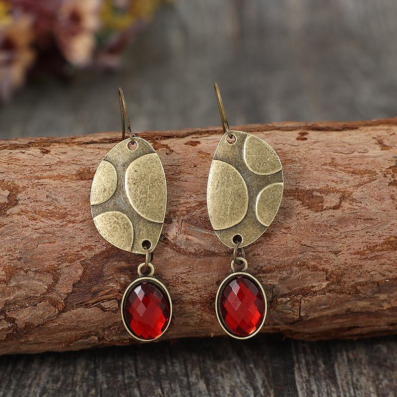 Ethnic Bronze Color Oval Red Stone Earrings Vintage Irregular Shape Carving Pattern Dangle Earrings for Women Jewelry