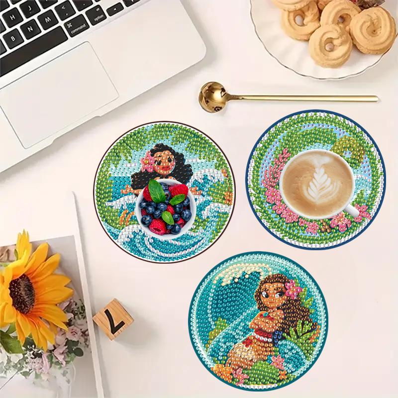 8 pieces/set Disney Moana Series Diamond Painted Coasters DIY Diamond Art Coasters 5D Full Diamond Diamond Coasters Acrylic Round Cups