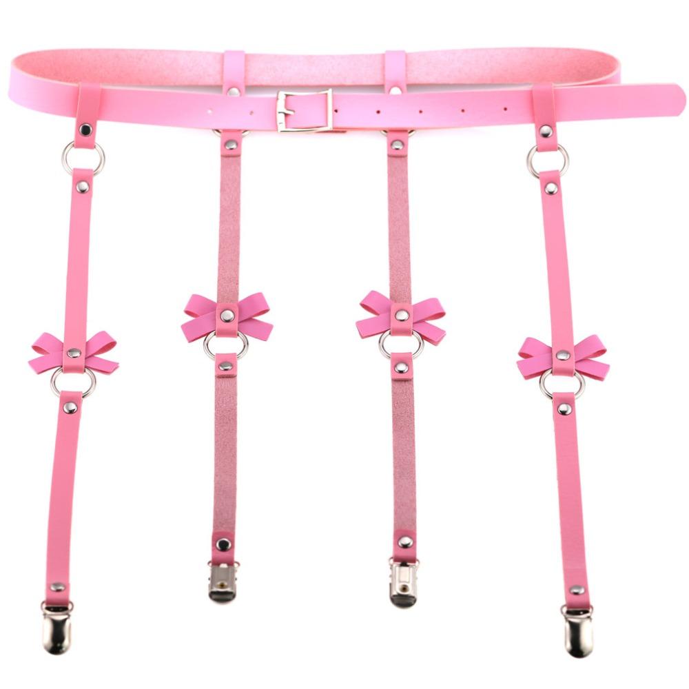 Unisex Men Women Sexy Punk Leather Waist Cincher Garter Belt With 4 Suspenders Straps And Detachable Bow Thigh Harness Loop
