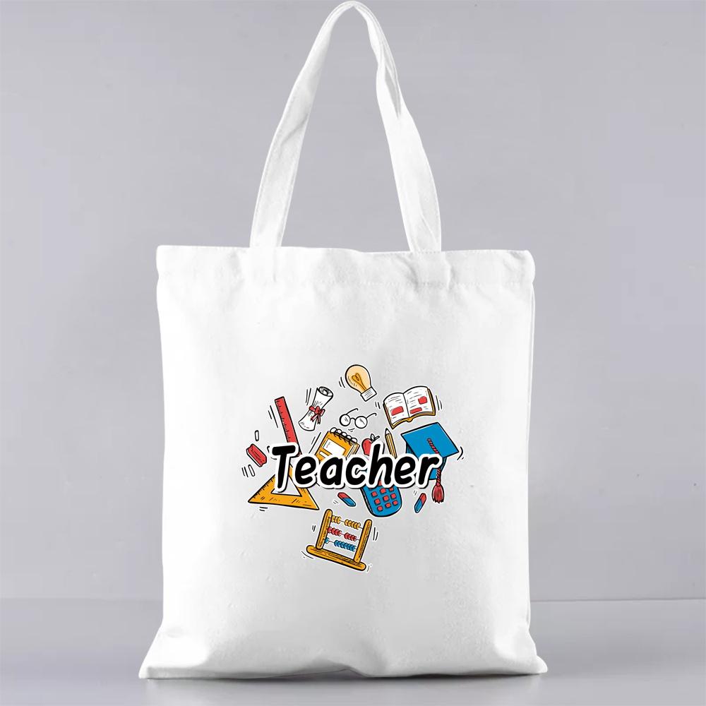 Fashion Shopping Bag Handbag Commuter Casual Shoulder Bag Reusable Canvas Bag White Cartoon Teacher Pattern Printing Tote Bag