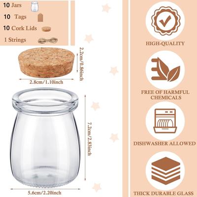 Potes de Vidro para Lembrancinha com Tampa de Cortiça 3,4 oz Pequenas Garrafas de Vidro Potes com Rótulos Barbante Recipientes para Doces para Lembrancinhas de Casamento Pudim