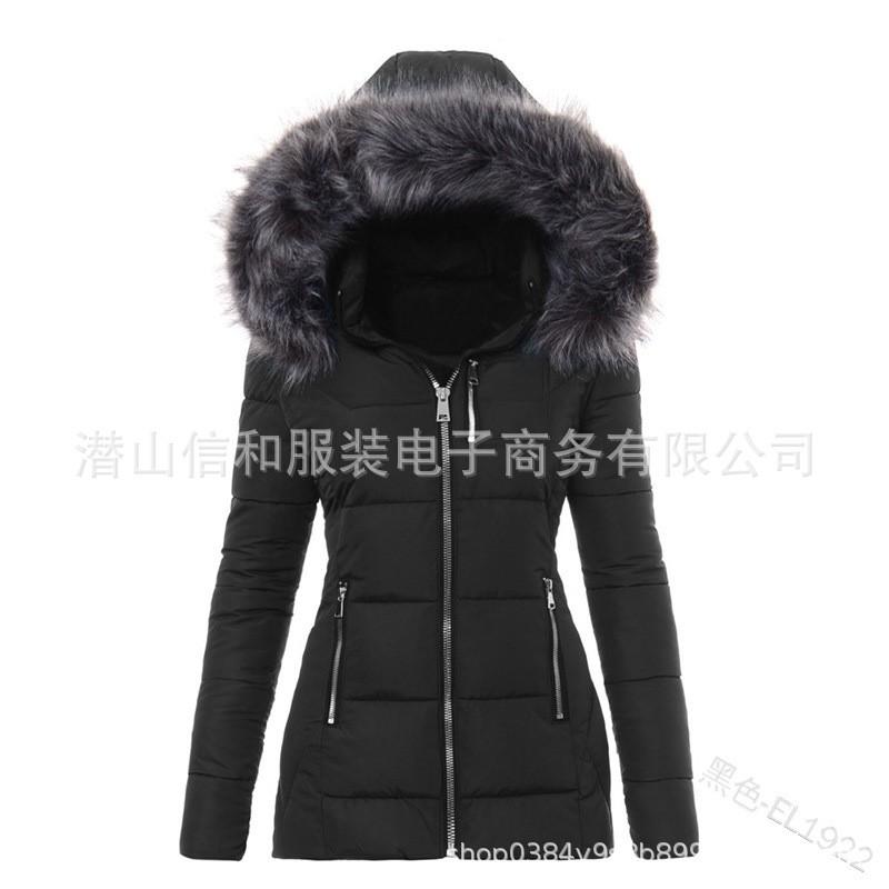 Womens Slim Fit Cotton Padded Jacket With Faux Fur Collar Zipper Warm Winter Coat