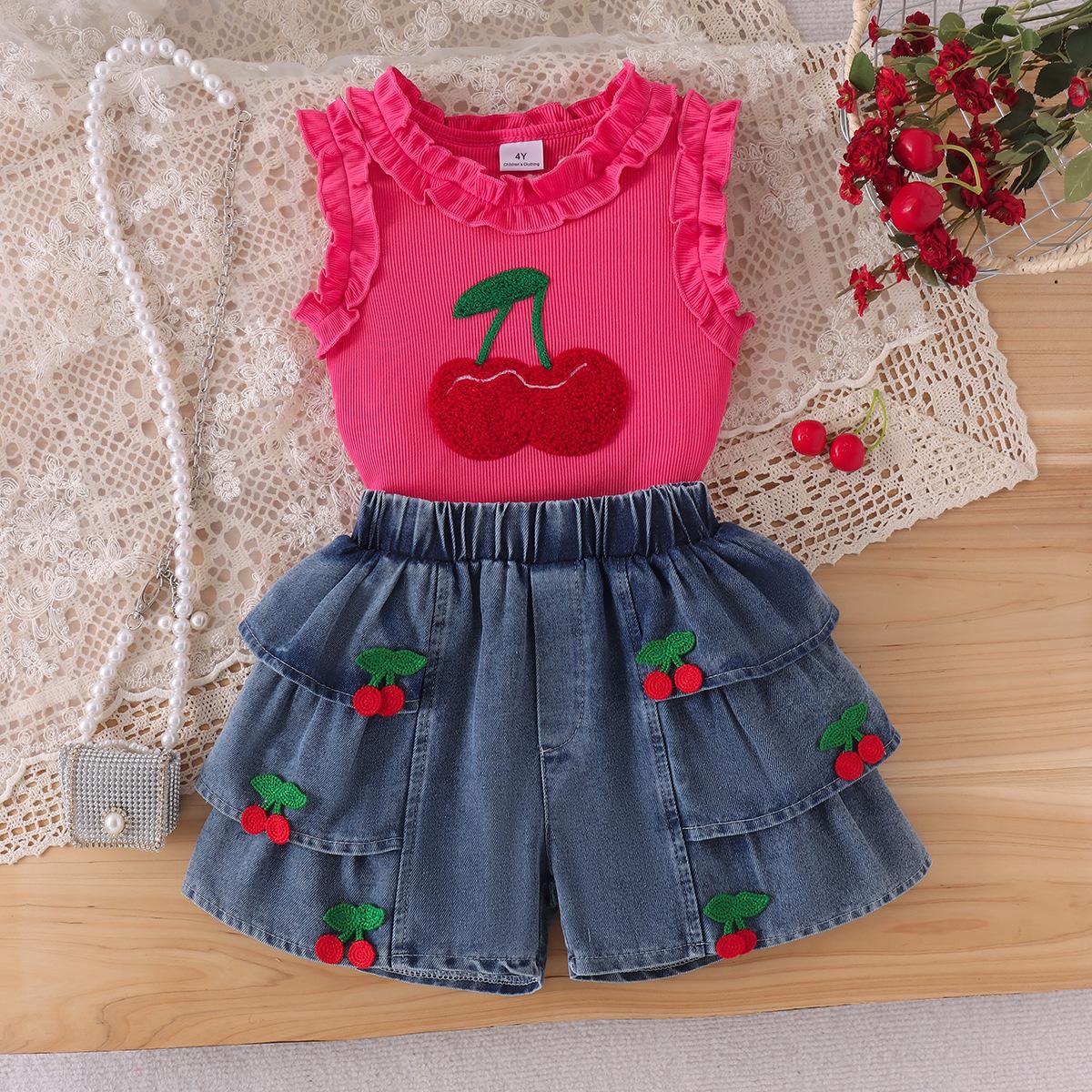 Cute Cherry-Print Denim Set for Girls: Summer Children s Sleeveless Top + Denim Shorts Two-Piece Set 2-3Y