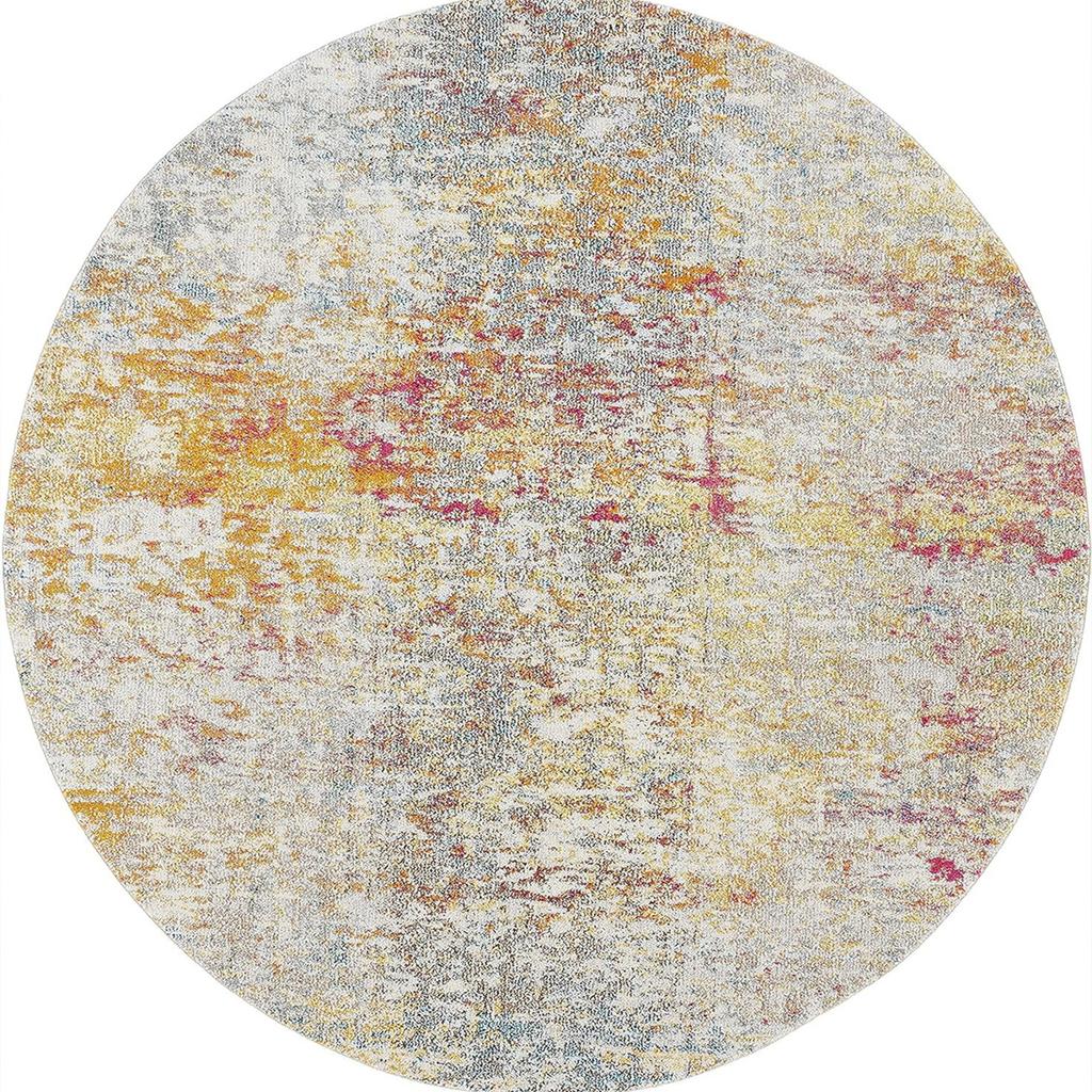 Runder Vintage-Teppich mit Used-Look, Graue Basis mit gedämpften Gelb-/Rot-/Blau-Akzenten, Boho-Chic-Teppich für das Wohnzimmer, Dekor mit gealterter Textur