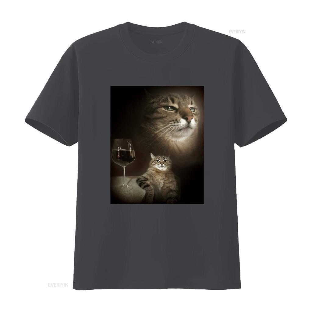 Funny Cat and Wine Art Print T Shirt for Lovers vintage Washed Comfortable streetwear fashion Soft Stretched Casual