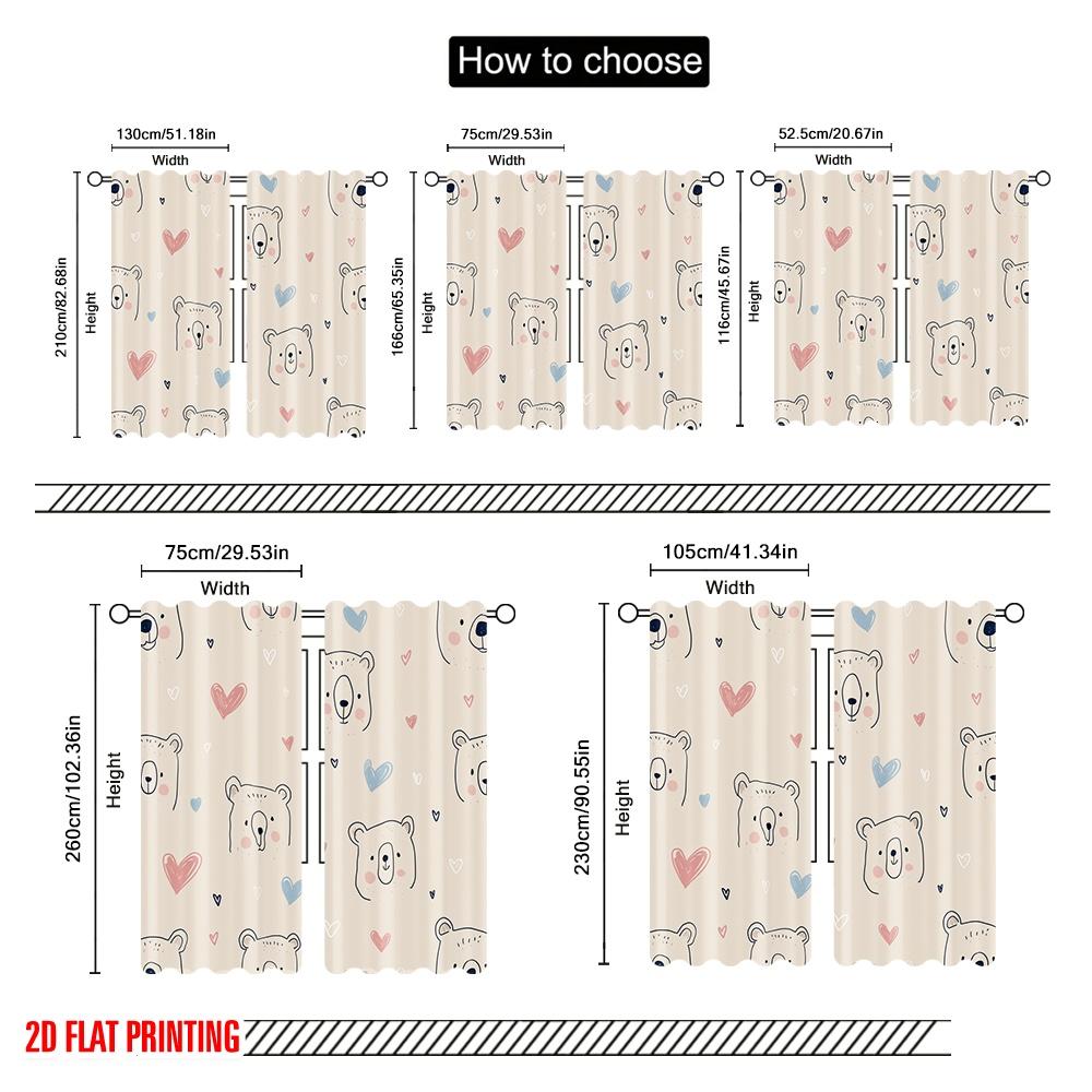 2pcs,2D Plane Printing Curtain Popular Smiling Bears and Hearts Versatile 100% Polyester (without Rod) Decorations Inside