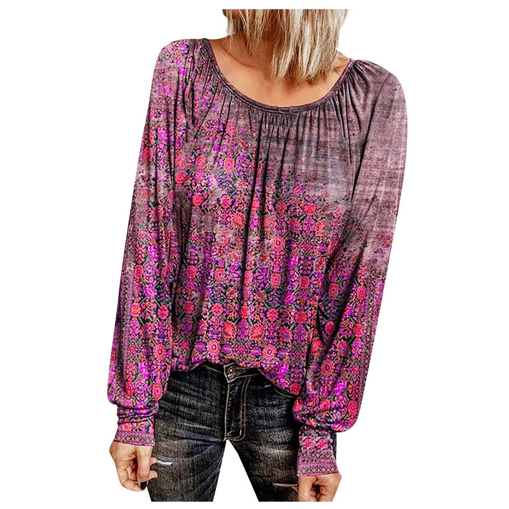 Women Tops Casual  Long Sleeve  Vintage Print Shirts Blouses Tops