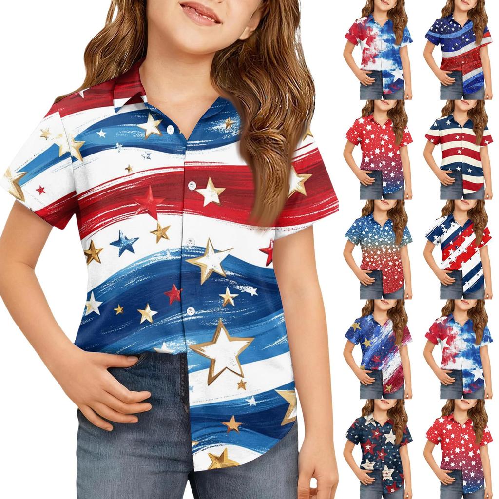 Summer Girls' Short Sleeve Blouse School Uniform Button-Up Shirt Kids Summer School Uniform Button Down Shirt