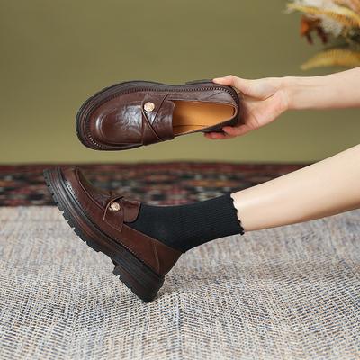 Gold Coin Loafers for Women's Spring New British Style High-end Thick Heel Leather Shoes Sweet and Cool Camellia Single Shoes
