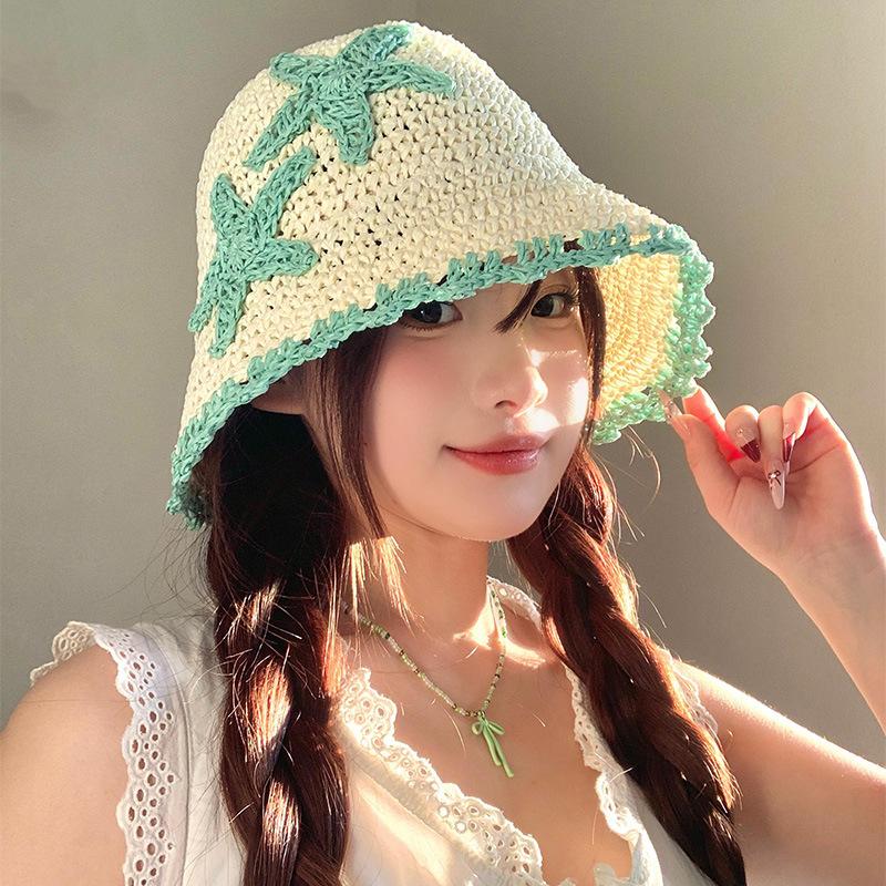Women s Starfish Crochet Straw Bucket Hat Contrast Trim Sun Hat Wide Brim UV Protection for Summer Beach  Vacation