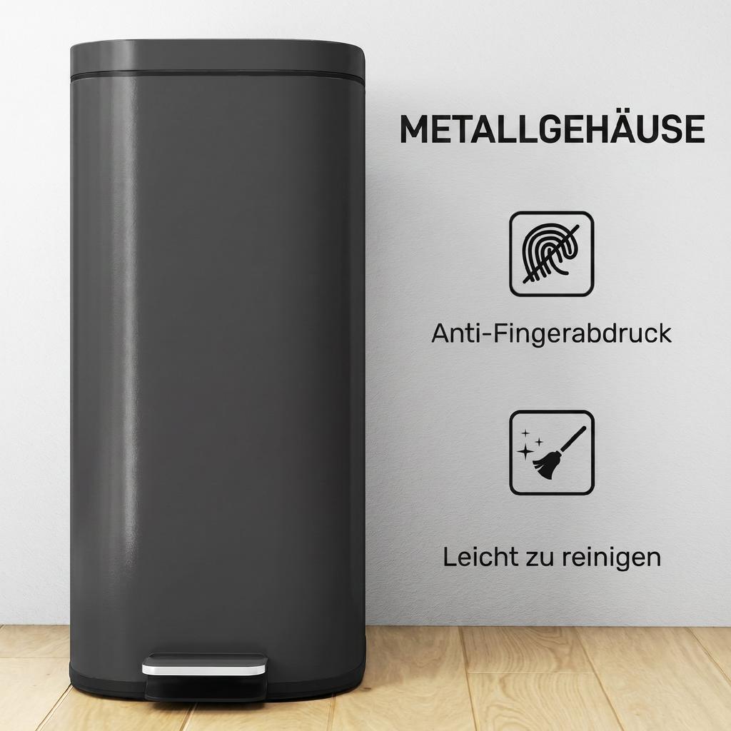 30L Kitchen Bin, Compact Pedal Bin with Soft-Close and Stay-Open Lid, Removable Bucket for Kitchen, Home, Office, Black