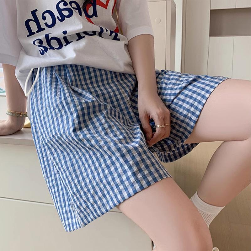 High-Waisted Retro Plaid Maternity Shorts - Blue Summer Casual, Slimming, Wide-Leg, Five-Point Sports Style 2XL