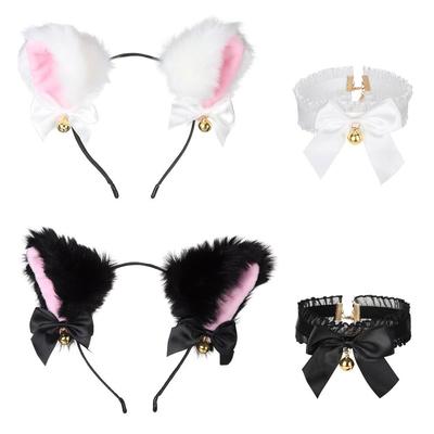 2 Pcs Plush Bells Necklace Furry Cat Ears Cosplay Hairband Make Up Cat Ear Headband  Costume Party