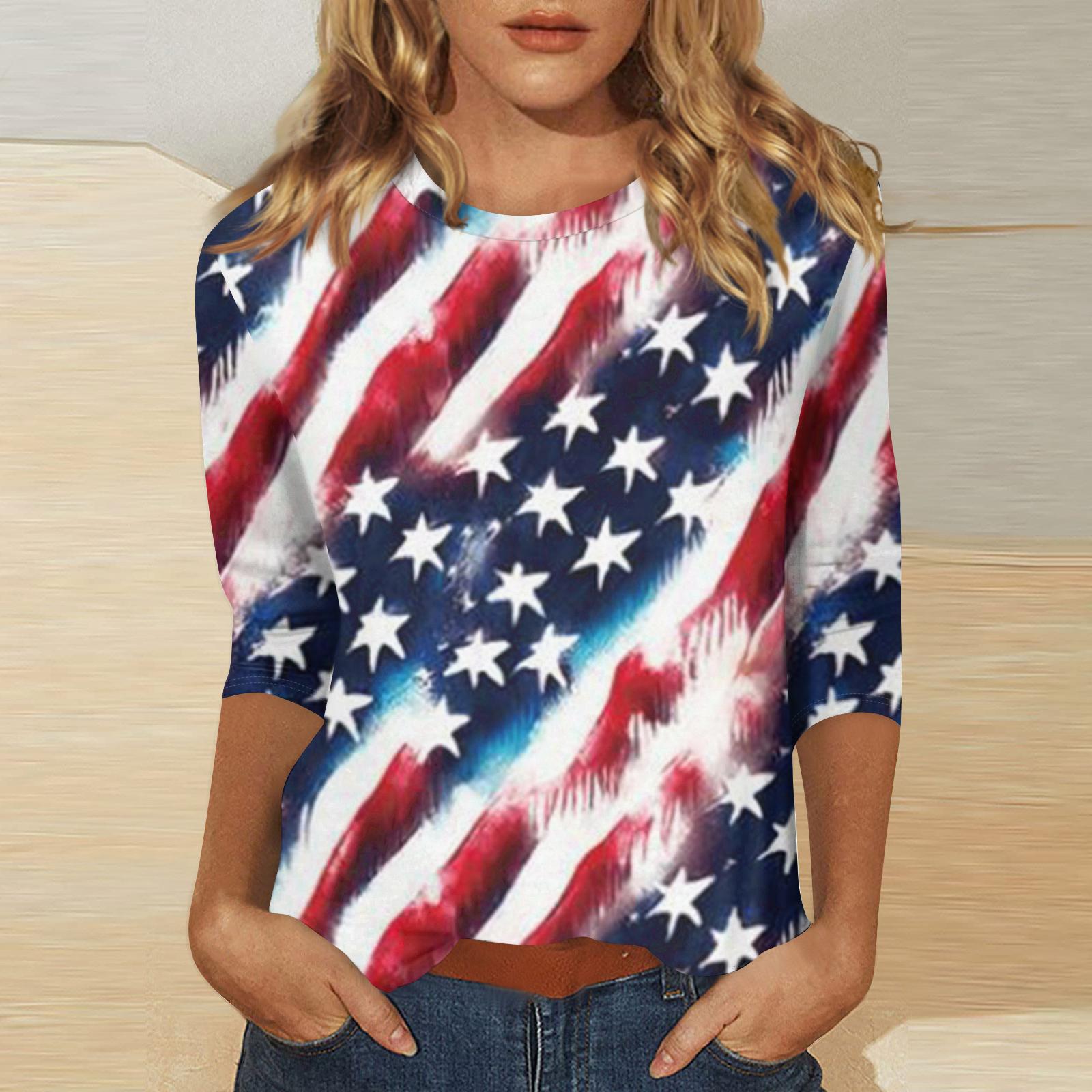 

Women s Independence Day Print Round Neck Seven-Eighths Sleeve Top XL
