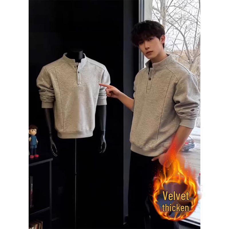Men's Autumn/Winter Fleece-Lined Henley Long-Sleeved T-Shirt: Thick, Warm, Loose-Fit Base Layer