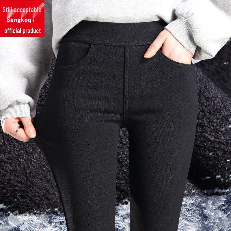 Women's Black Fleece-Lined Leggings - Thick, High Waist, Elastic Waistband, Slim Fit, Perfect for Autumn and Winter.