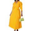 Women's V Neck Puff Sleeve Pleated Maxi Dress with Waist Tie
