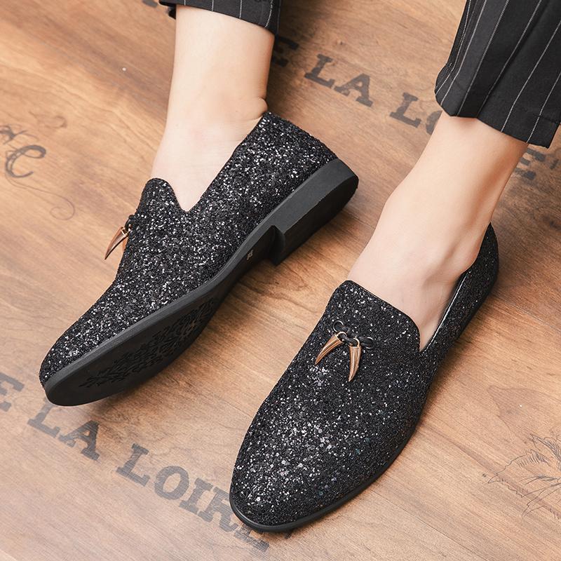 Fashion 37~48 Plus Size White Italian Glitter Loafers Mens Sequin Shoes Men Pointed Toe Dress Weddings Shoes Classic Loafer Formal Shoe