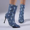 Side Zip Plus Size Women's Shoes Autumn New Denim Skinny Pointed Toe Stiletto Sexy Mid-Leg Boots