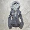 2KWEIRD Vintage Letter Fur Collar Hooded Sweatshirt Autumn Winter Zipper Y2K Retro Fleece Jacket Harajuku Embroidery Plush Dark Fashion
