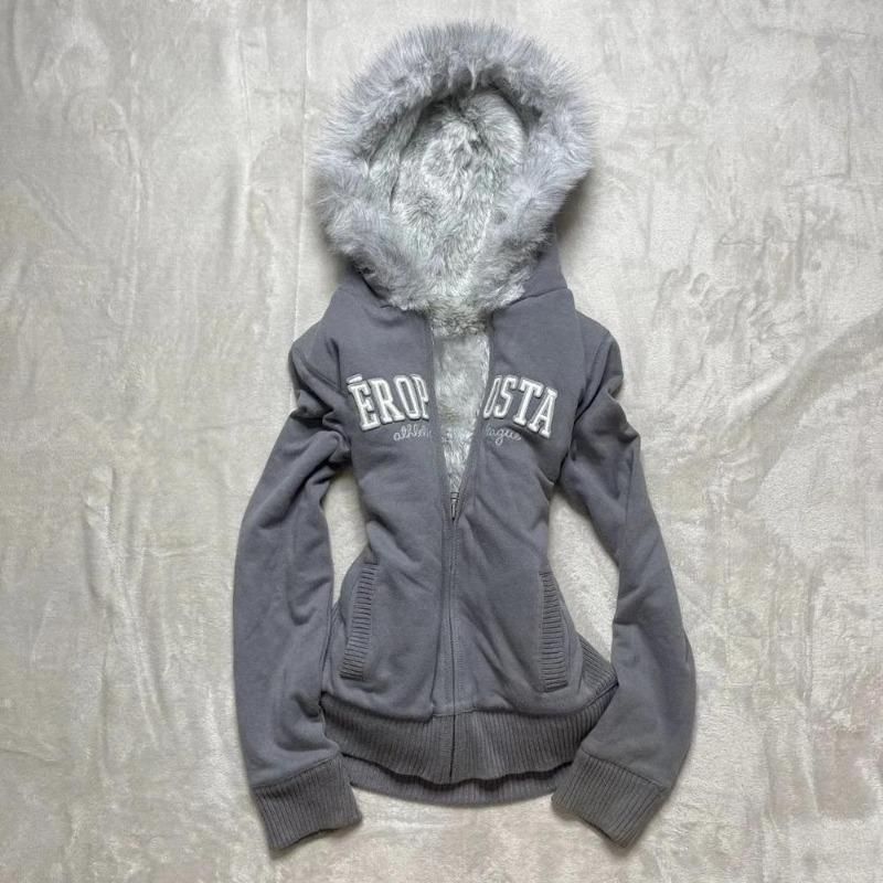 2KWEIRD Vintage Letter Fur Collar Hooded Sweatshirt Autumn Winter Zipper Y2K Retro Fleece Jacket Harajuku Embroidery Plush Dark Fashion