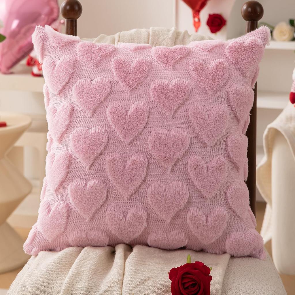 Valentine's Day Plush Pillow Cover Heart Embroidery Jacquard Cushion Case for Sofa Decor Romantic Gift