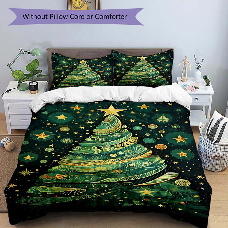 3pc Christmas Tree Decorations Cover Set - 1 Quilt Cover + 2 Pillowcases, All Seasons Bedroom Setting, Perfect for Home054