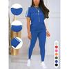 Moisture Wicking Ladies Short Sleeve T-shirt High Waist Full Length Leggings Fitness Two Piece