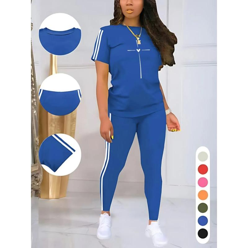 Moisture Wicking Ladies Short Sleeve T-shirt High Waist Full Length Leggings Fitness Two Piece