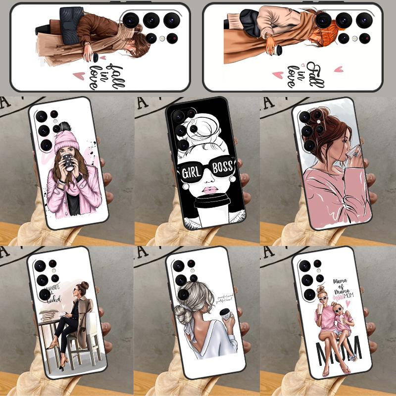 Princess Female Boss Coffee Case For Samsung Galaxy S25 Ultra S24 S23 S22 S21 Ultra S9 S10 S20 Plus S24 FE Funda Cover