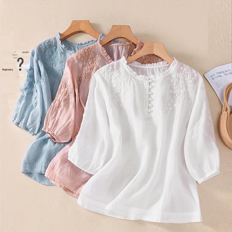 2025 Summer Artistic V-Neck Embroidered Floral Women's Shirt with Five-Point Sleeves