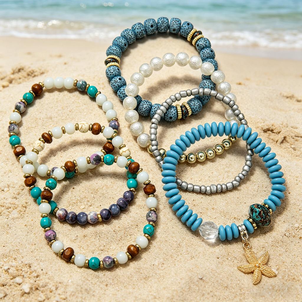 Bohemian Style Multi-layer Beaded Bracelet, Faux Starfish Pendant Vacation Style Layered Bracelet