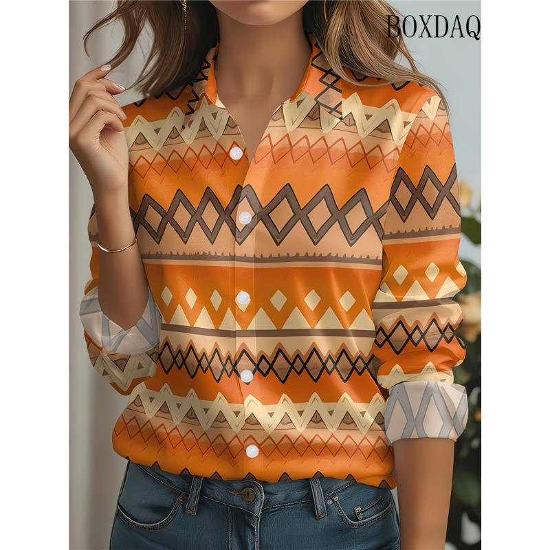 Nuova Moda Estiva Camicie da Donna con Bavero Casual Bottoni Manica Lunga Quotidiano Weekend Top Astratti Stampa Floreale Blusa Larga Casual